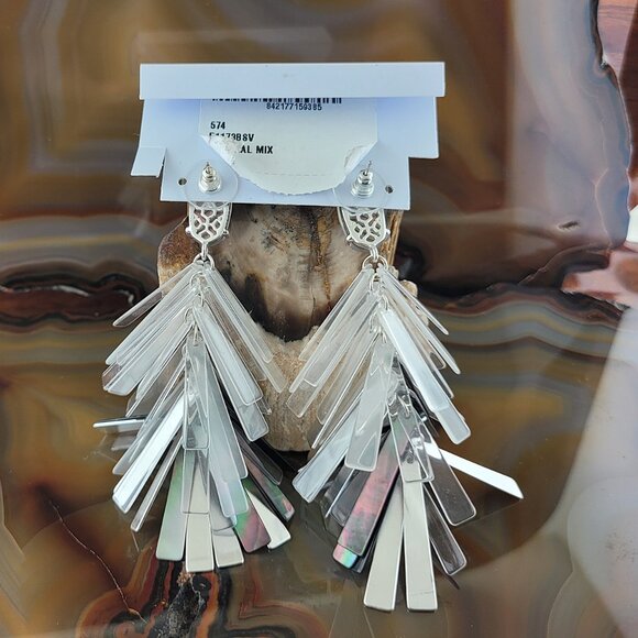 New Kendra Scott Justyne Statement Earrings Bright Silver Black MOP Neutral Mix - Picture 5 of 5